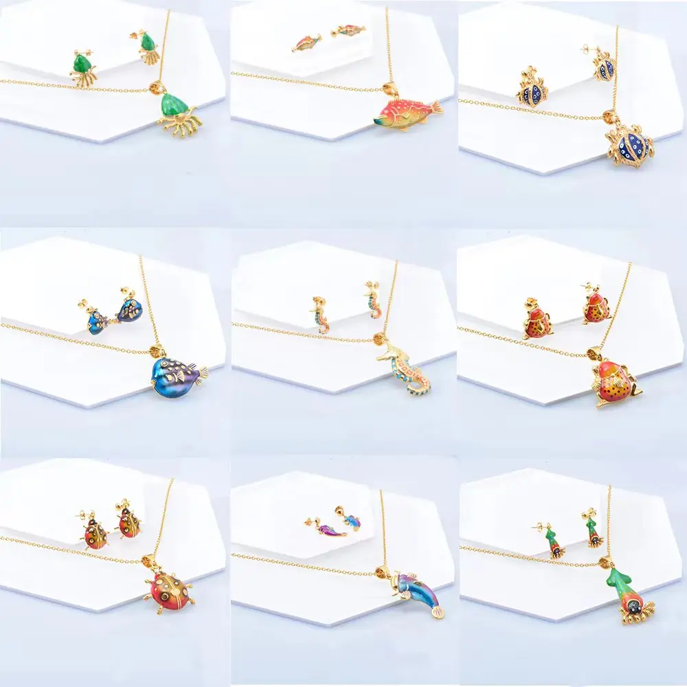 Fashion enamel Jewelry Set Stainless Steel Cartoon jewelry  seahorse Necklace And Earrings Set For Gift