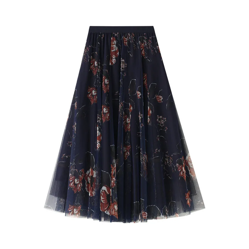 Korean Style Floral Print Spring Long Skirts for Women VD1711 High Waist Black Party Mesh Tulle Skirt jupe