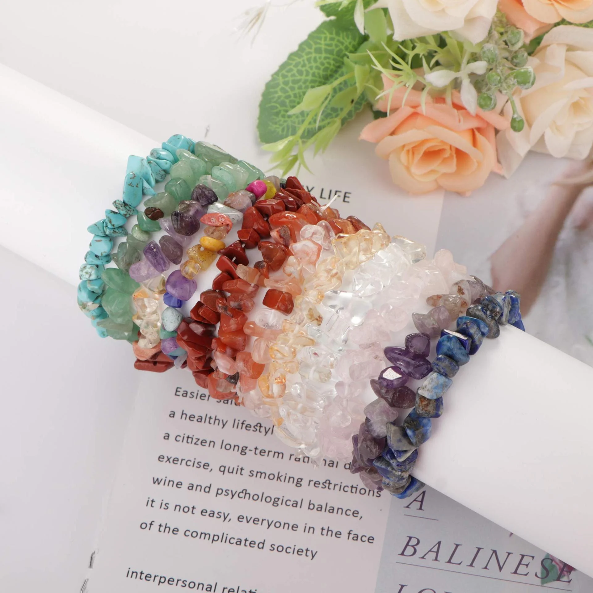 12Pcs Conquer Fear Increase Communication Reiki Chakra Chip Stretch irregular Natural Gemstone Crystal Healing Bracelets