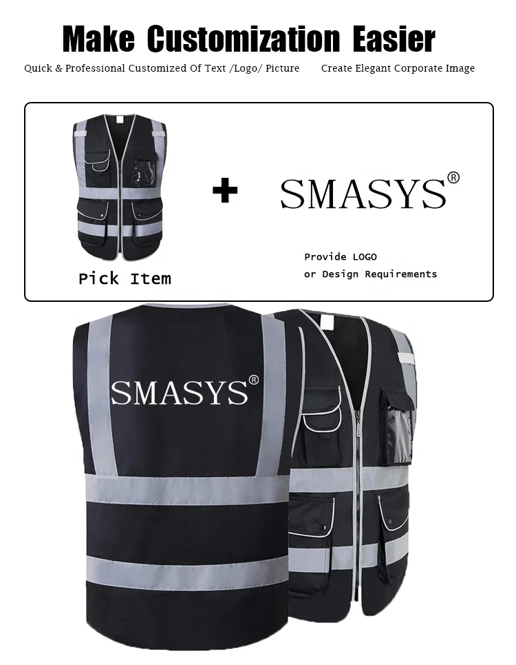 SMASYS Лидер продаж экологичный светоотражающий жилет черный с карманами