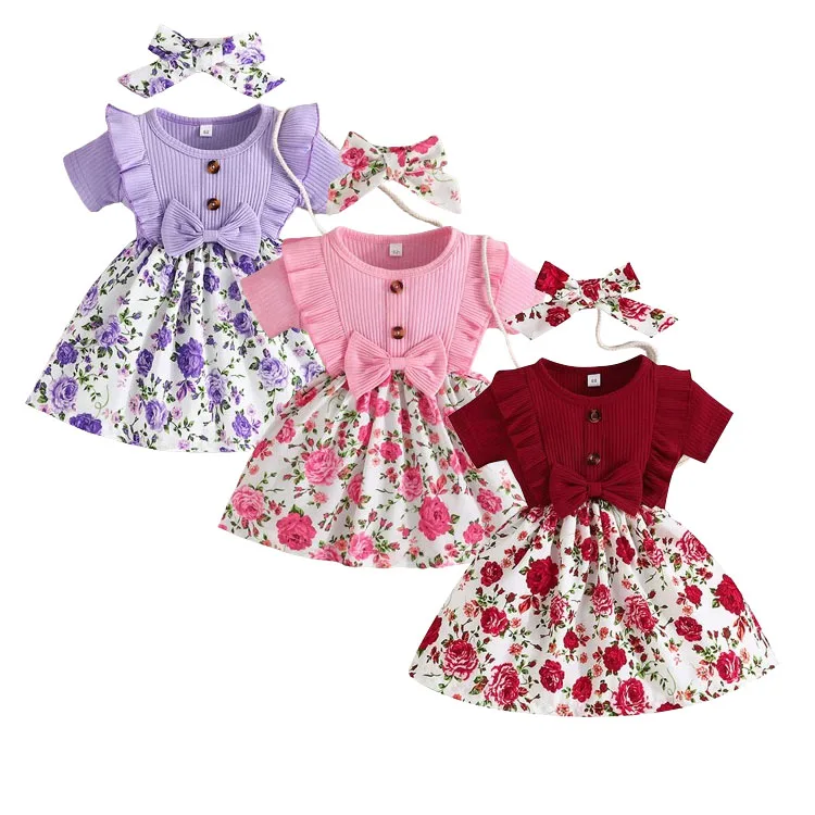 2024 Summer Baby Girls Bow Spliced Flower Print Baby Girl Clothes Set Newborn Dress Headband
