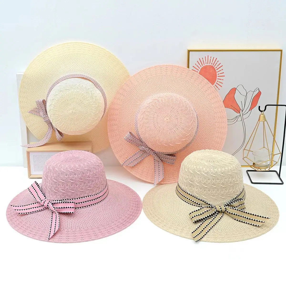 Party Fashionable Wide Brim derby hat floppy Chiffon Streamers knitting Straw Bucket Womens Derby Hat Pink Boho vintage hats