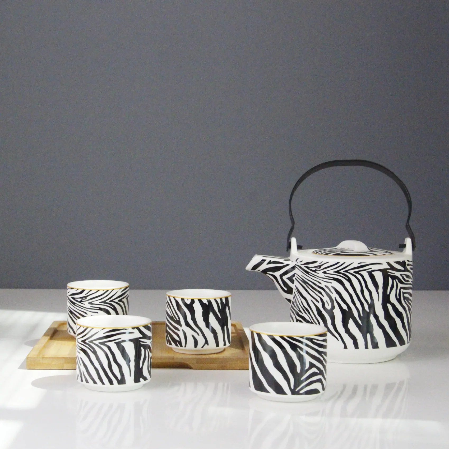 Ceramic tea set Tea pot with 4 tea cups Zebra decal pattern Bamboo wooden tray custom for daily use gift shop market