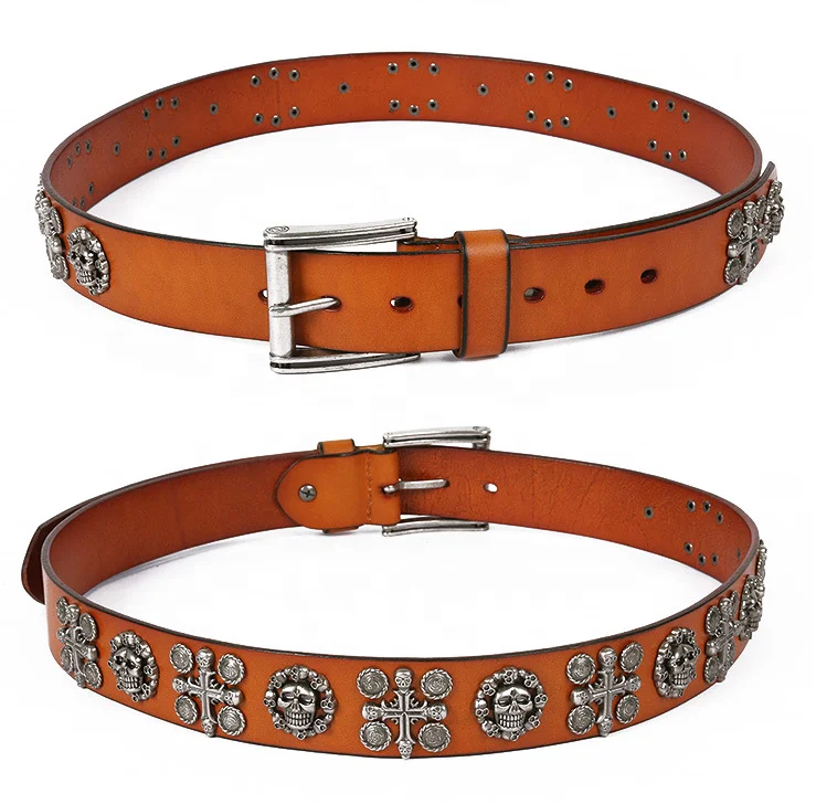 Cowboy Cowgirl Western Top Grain Cow Hide Punk Studded Genuine Leather Skull Belt