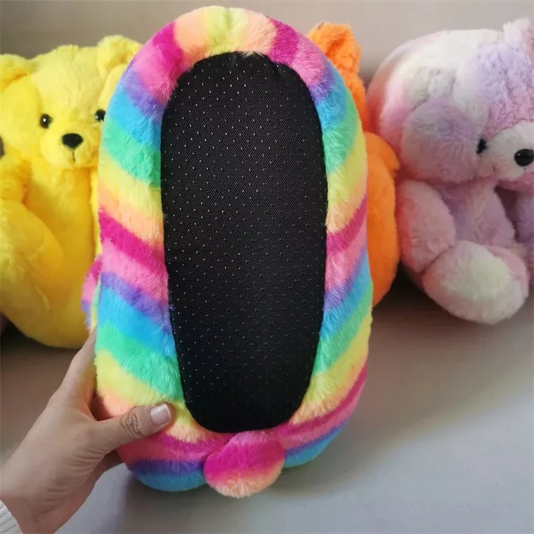 Non-Slip Indoor Animal Teddy Bear Slippers Black Pink Red White Women Slides  Cute Furry Teddy Bear Slippers Plush