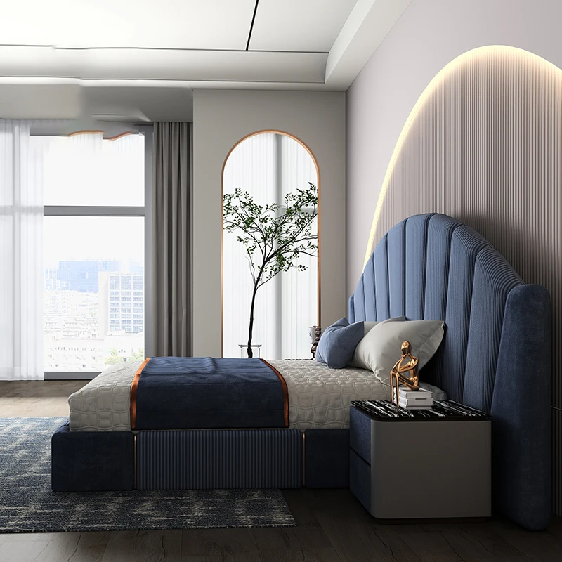 Luxury full set king size bed room furniture low profile bed frame queen adult hotel single bed with round shape headboard