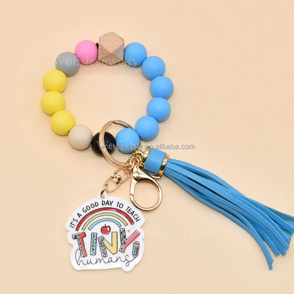 Wofish Designs Silicone Pencil Colors Beaded With IT IS GOOD DAY TO TEACH TNIY Disc Charm Wristlet Bracelet Keychain For Teacher
