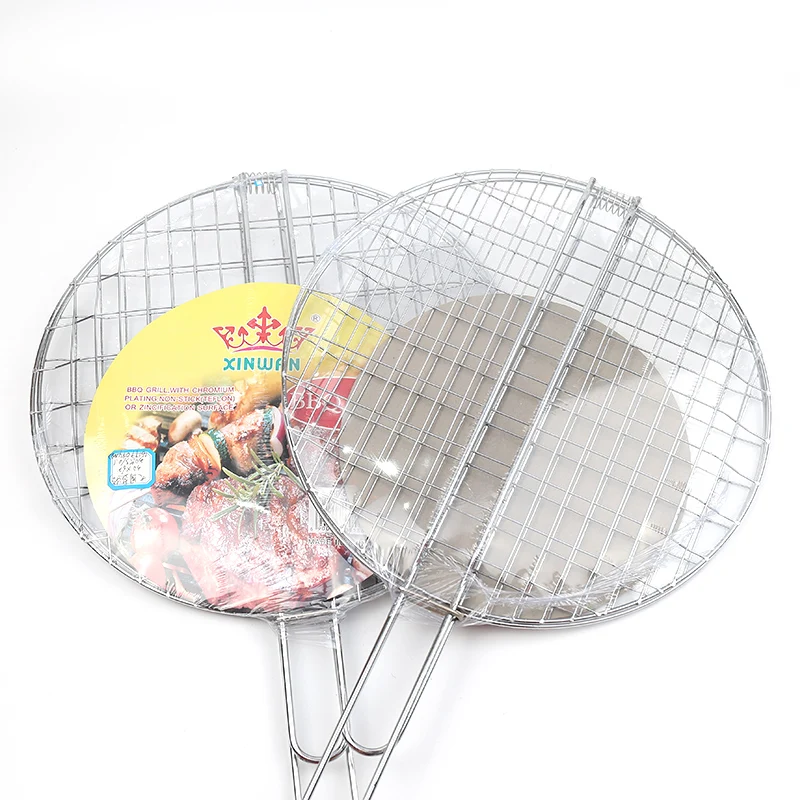 Fish Meat Roast Grates Wood Handle Metal Cooking Round Grid Net Barbecue Grill Wire Mesh BBQ Accessories
