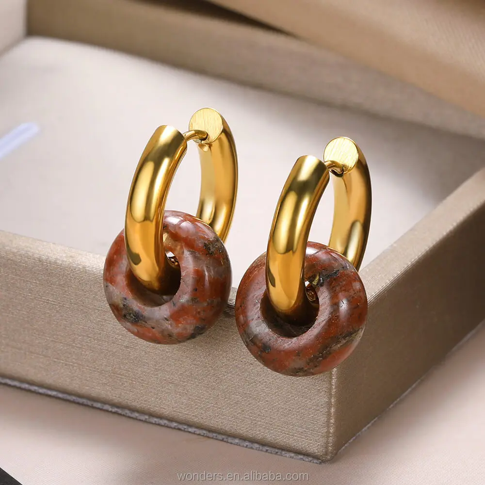 White Natural Stone Donut Chunky Hoop Earring For Women Round Beads Hanging Earrings Travel Party Jewelry Gift