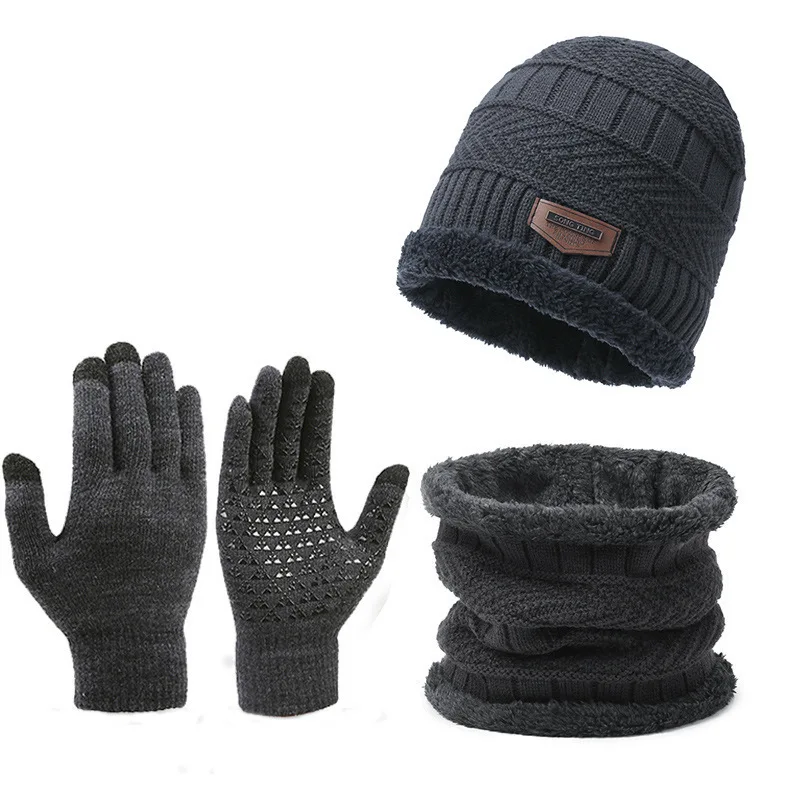 Soft Thicken Wool Ski Hat Men Neck Warm Winter Wool Hat Set Men Beanie Knitted Gloves Scarf Set