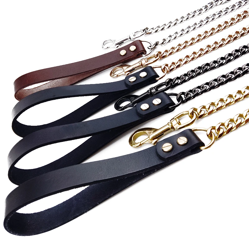 Luxury Stainless Steel Cuban Chain Dog Leash Electroplated Gold Dog Lead No Colour Loss Metal Pet Leash With Leather Handle