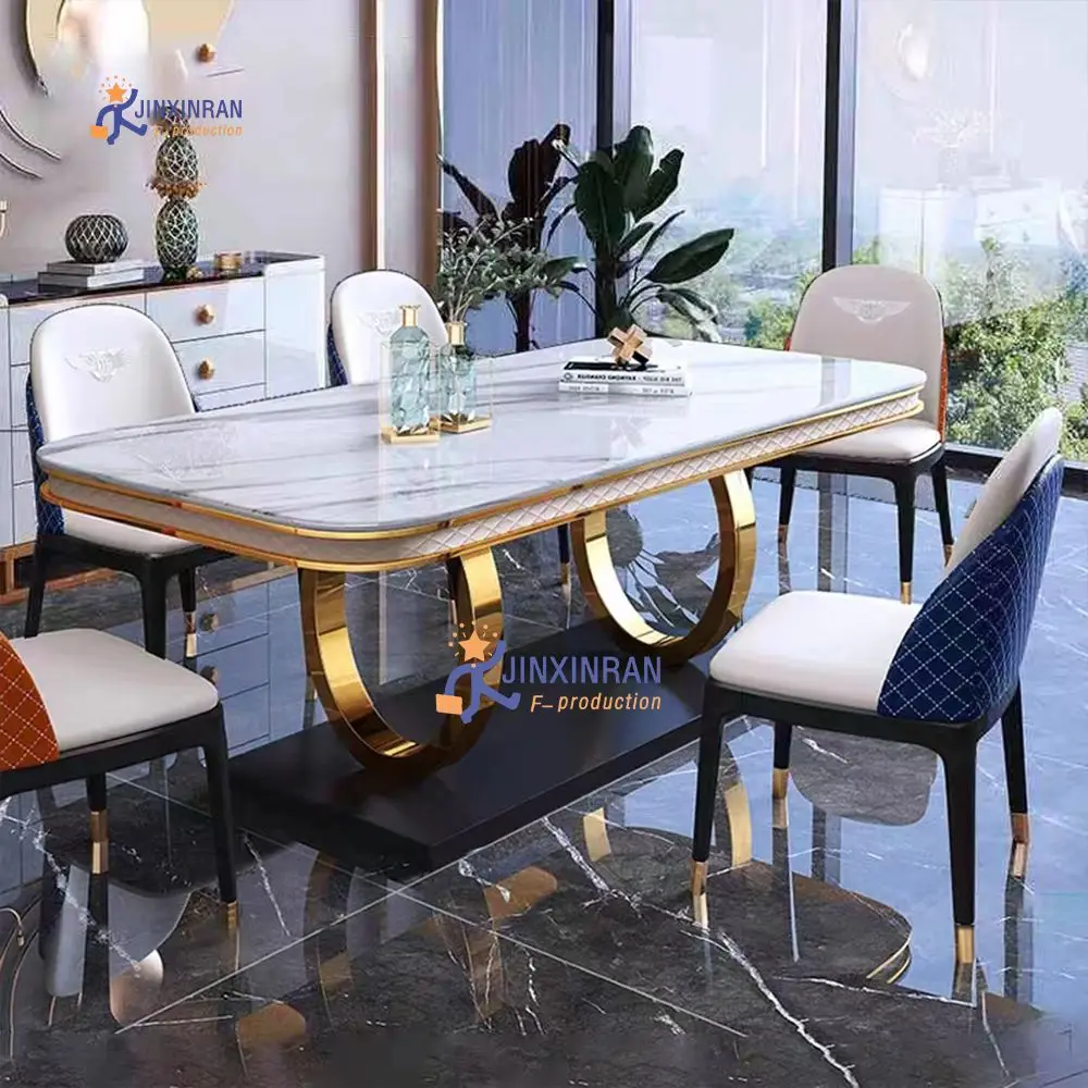Royal Dinning Table Set Luxury Gold Side Dinning Set With 6 Chairs Sintered Stone Top Dining Table