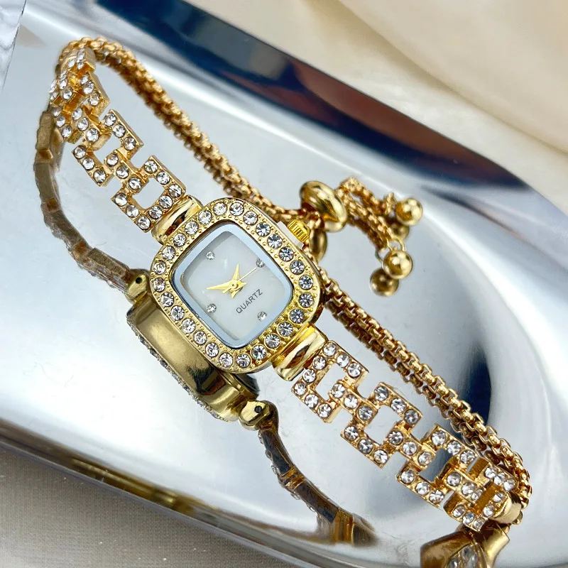 New square bracelet pull-out watch free adjustment chain diamond set small ladies quartz watch exquisite watch charm jewelry