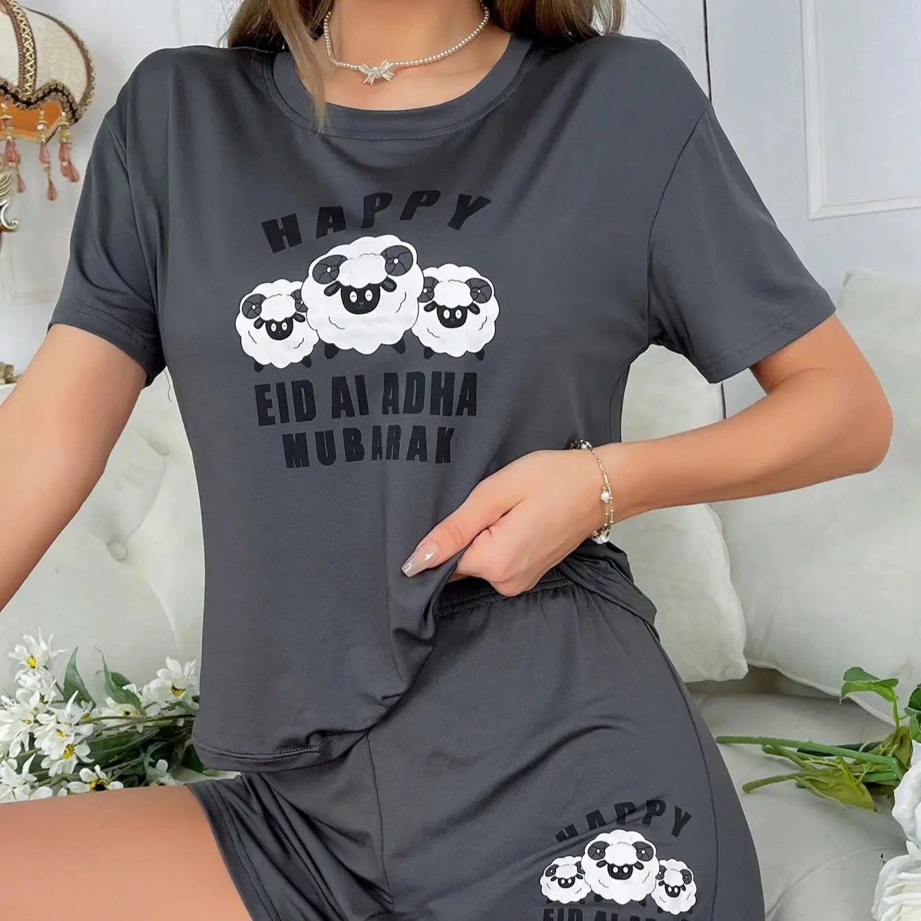 Wholesale Supply Ladies Casual Style Sleepwear Happy Eid Ai Adha Festival Short Sleeve and Shorts Pajamas Set For Women