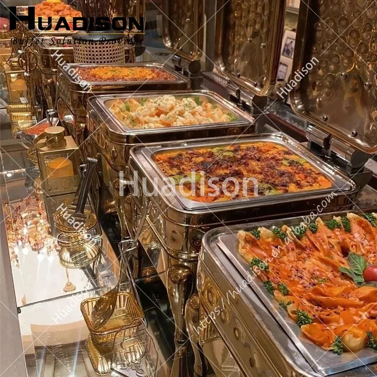 Huadison Dubai catering supplies 4 L hydraulic chaffing dishes luxury stainless steel gold chafing dish food warmer set