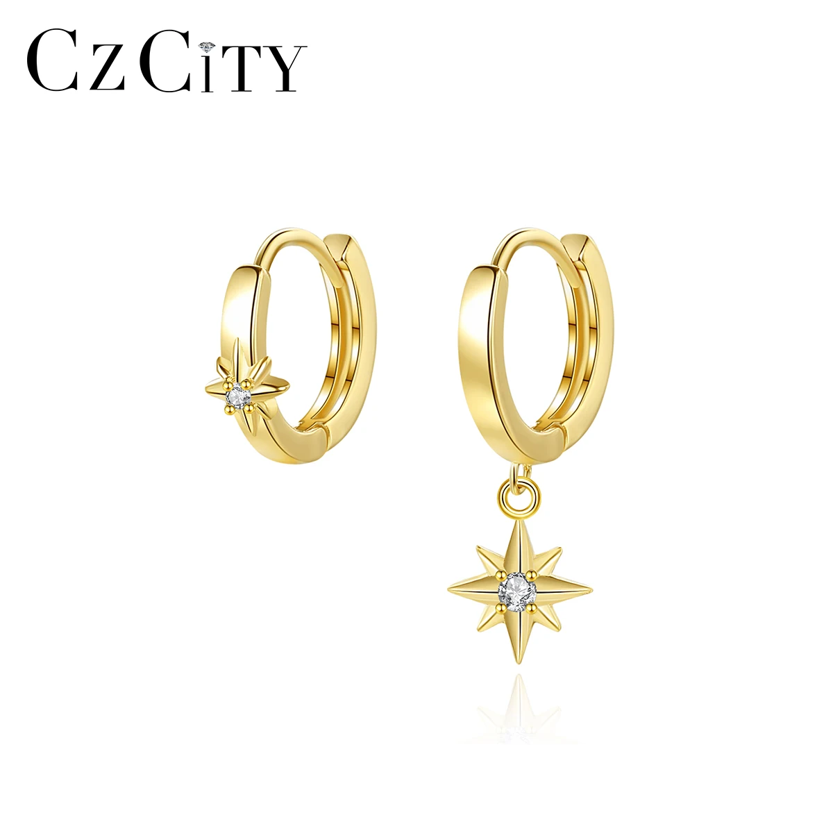 CZCITY Asymmetrical Korean Fashion Jewelry Gold Plated Silver Star Ladies Trendy Zirconia Designer Clip on Earrings