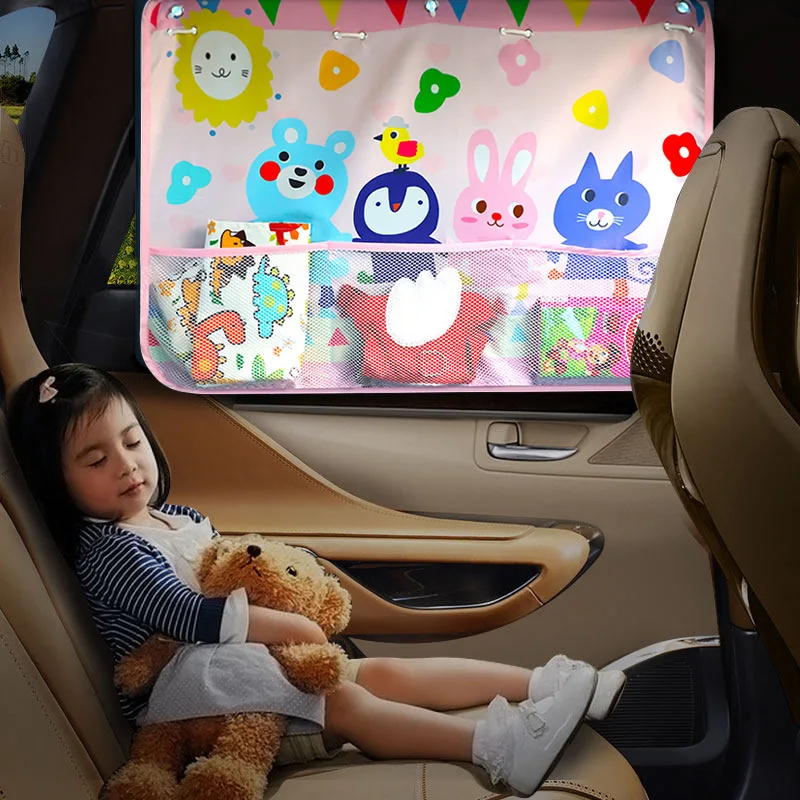 Car Side Window Sunshade Curtain Cartoon Adjustable UV Protection Curtain Sun Visor Blinds Cover With Storage Pocket For Baby