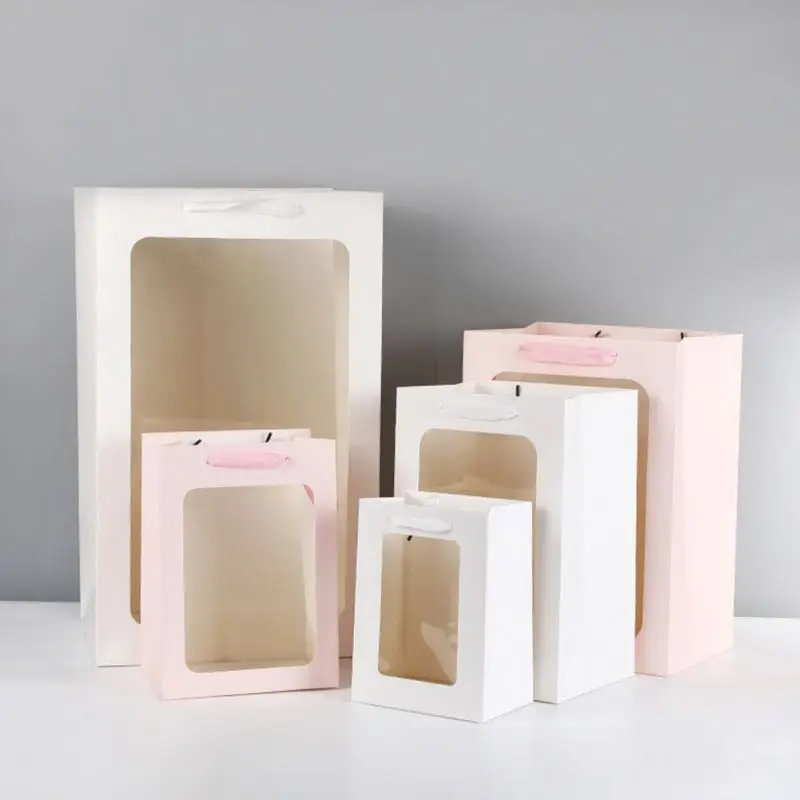Wholesale Creative Waterproof Flower Paper Gift Bag Bouquet Handbag With Pvc Transparent Window