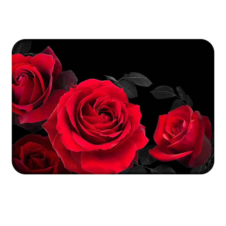 Red Rose Floral Bath Mat Bath Rug Thick Soft Foam Non Slip Bathroom Floor Carpet