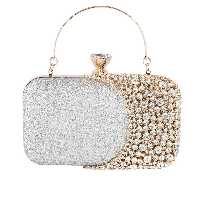 Women Clutch Purse Bag rhinestone Evening Clutch Bags Gold Silver Black Bridal Wedding Purse Mini Handbags with Metal Handle