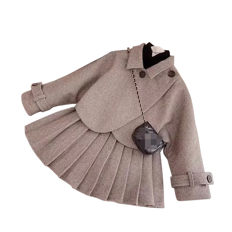 Wholesale Spring and Autumn Girls Woolen Suit Short Jacket Pleated Skirt Two-piece Set Girls Cotton Outfit Clothing Set