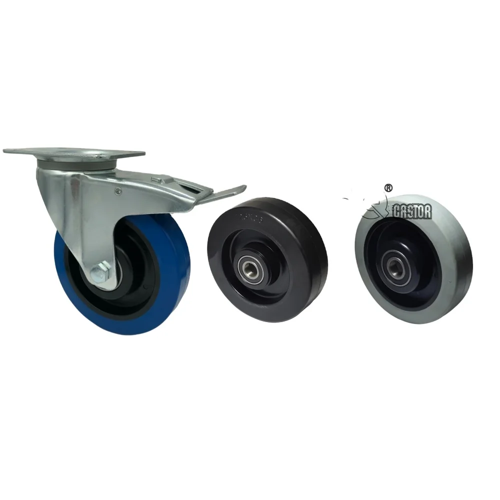 125mm Roller Bearing Castor Blue Elastic Rubber Wheel Caster 4inch 5inch 8inch Soft Rubber Castor Wheels