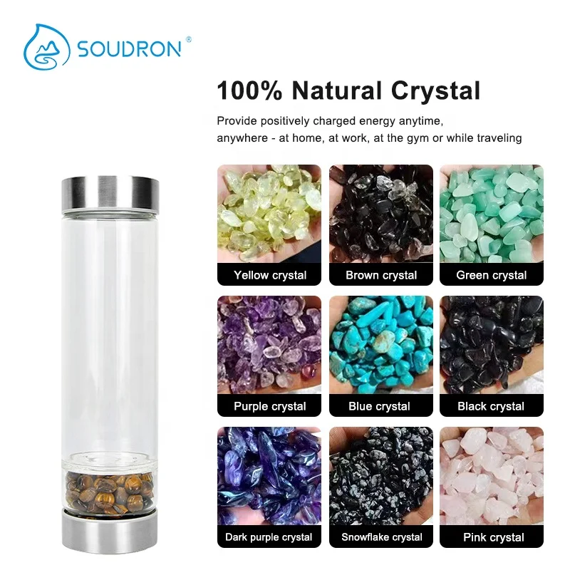 Hot Selling Water Bottle With Crystal Healing Gem Stone Quartz Gemstone Crystal Borosilicate Glass Natural Crystal Bottle Water