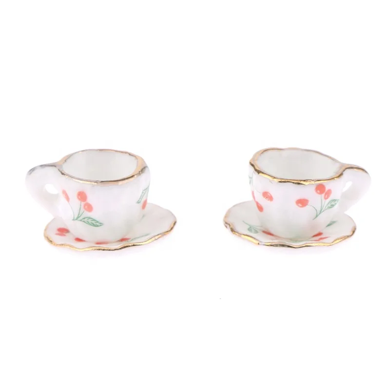 2Set 1:12 Dollhouse Miniature Cherry Ceramic Cup Saucer Kitchen Tableware Model Decor Toy Doll House Accessories
