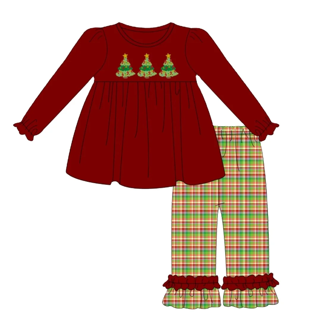 custom high quality  children smocked clothing Christmas tree embroidery boys girl clothing with knit cotton fabric