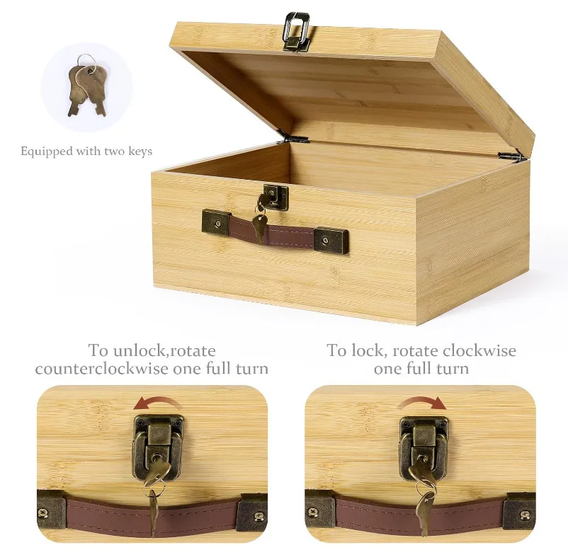 Large Portable Natural Wooden Storage Bins Basket Bamboo Wood Storage Box with Lock Keys Hinged Lid
