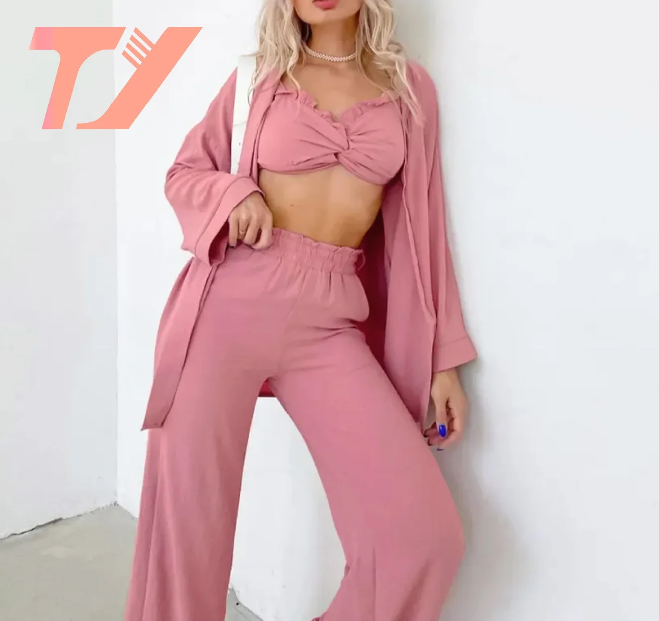 TUOYI Custom Logo V Neck 3pcs Nightgown Girls Couple Plus Size Sleep Wear Silk Sexy Pyjamas Set
