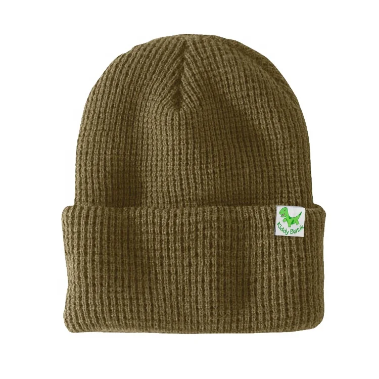 China Manufacture custom logo tag wool  cashmere waffle-knit design beanie hat rolled cuff beanies for men