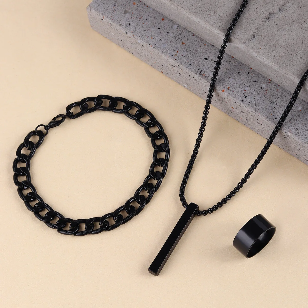 Оптовая продажа черный серебряный золотой хип-хоп кубинское колье цепочка браслет кольцо набор из 3 предметов мужской крест ожерелье комплект украшений