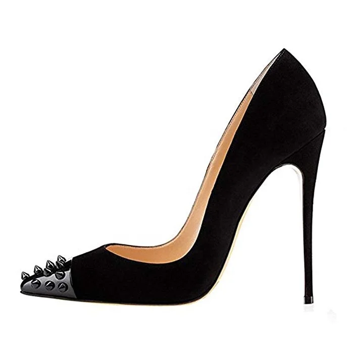 2022 new arrival stylish trendy color rivet steel toe customize high heel 12 cm suede lovely classic style ladies pumps