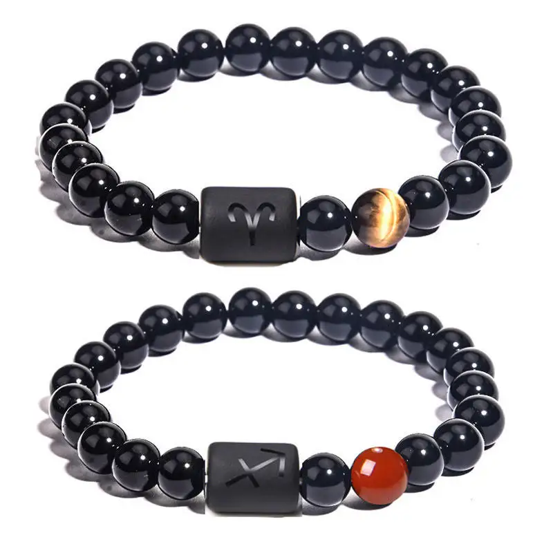 8mm Gem Bracelets 12 Star Sign Constellations Horoscope Lucky Beaded Bracelet Natural Crystal Stone Black Onyx Stone Bracelet