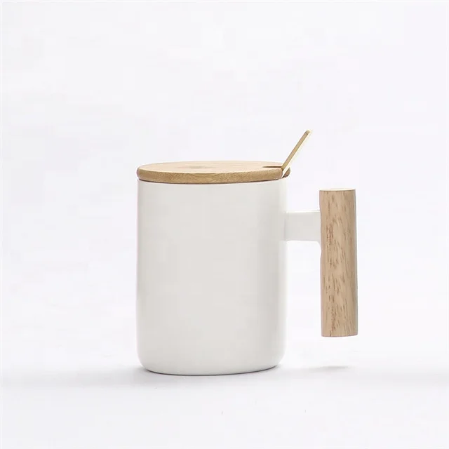 gift box porcelain coffee mug ceramic cup with wooden handle wooden lid and metal spoon capacity 400ml ceramic cup set