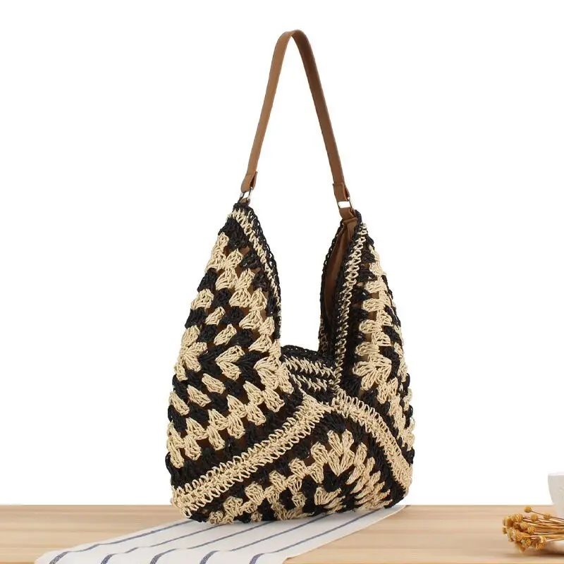 Women Straw Beach Bag Bucket Tote Summer Woven Handmade Handbag Shoulder Bag