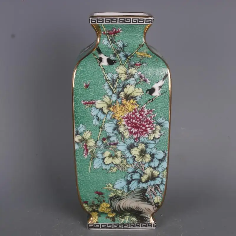 Enamelled Antique Porcelain Green painted flower and bird pattern antique vase Home Decoration restaurant antiques
