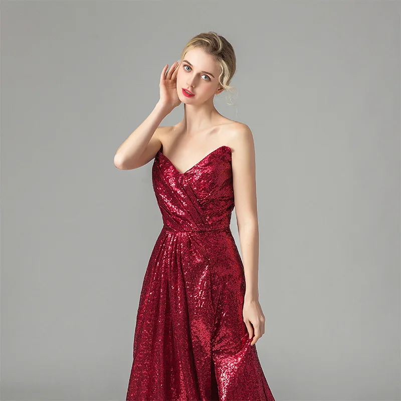 Hot Selling Red Sexy Slit Sequin Slim Banquet Long Bridal Wedding Ball Gown Evening Dress