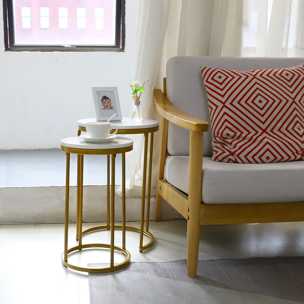 Set of 2 Nesting Table Modern Marble Nightstanding Side Tables Round Coffee End Tables Metal Frame for Living Room Bedroom