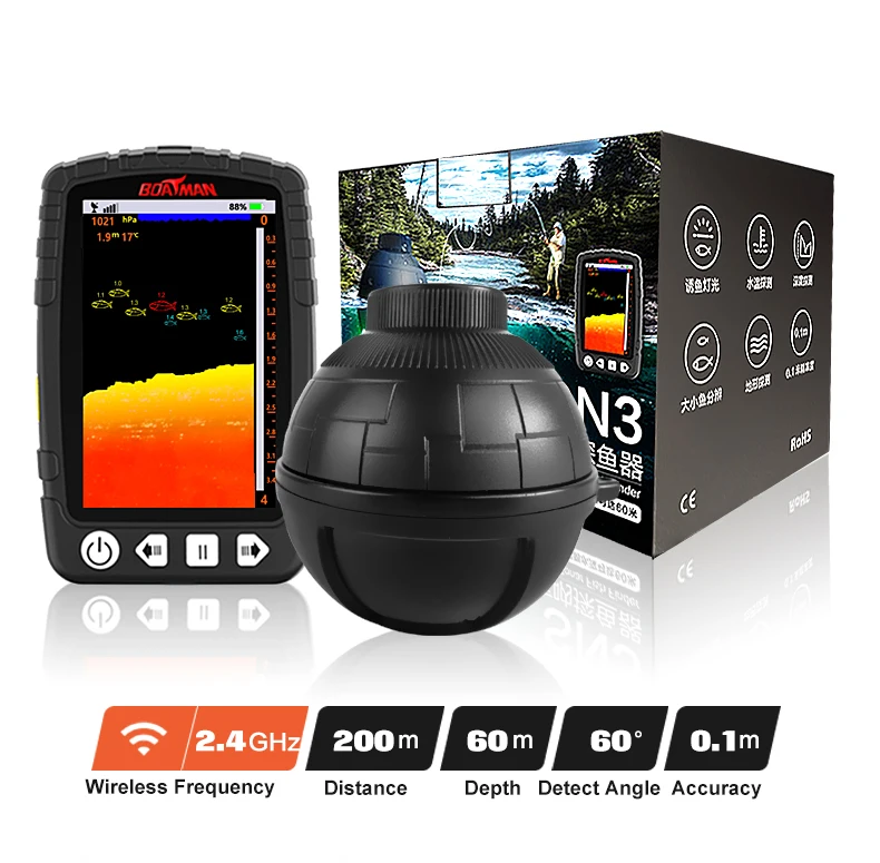 Portable Depth Fish Finder with 60M Sonar Sensor Echo Sounder Wireless Depth Finder Fishing Lure Echo Sounder