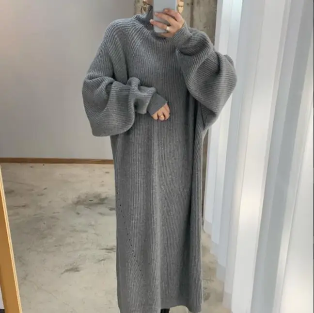 Long Sleeve Knitted Dress Korean Chic Autumn Winter High Neck Dress Female Ribbing Loose Casual Solid Color Sweater Dress