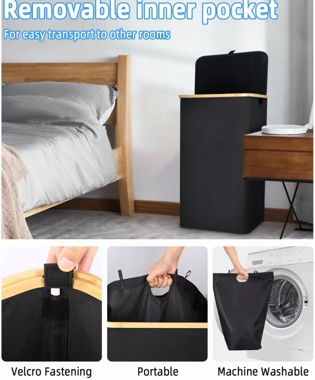 Large 100-Liter Foldable Laundry Basket with Bamboo Handle and Detachable Bag for Bedroom Storage and Washing