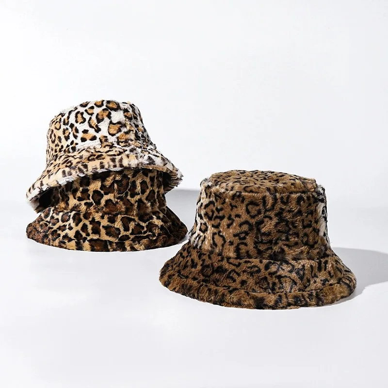 Winter Warm Gradual Leopard Pattern Fisherman Hat with Fake Fur Warm Ear Protect Adjustable Basin Hat Wholesales