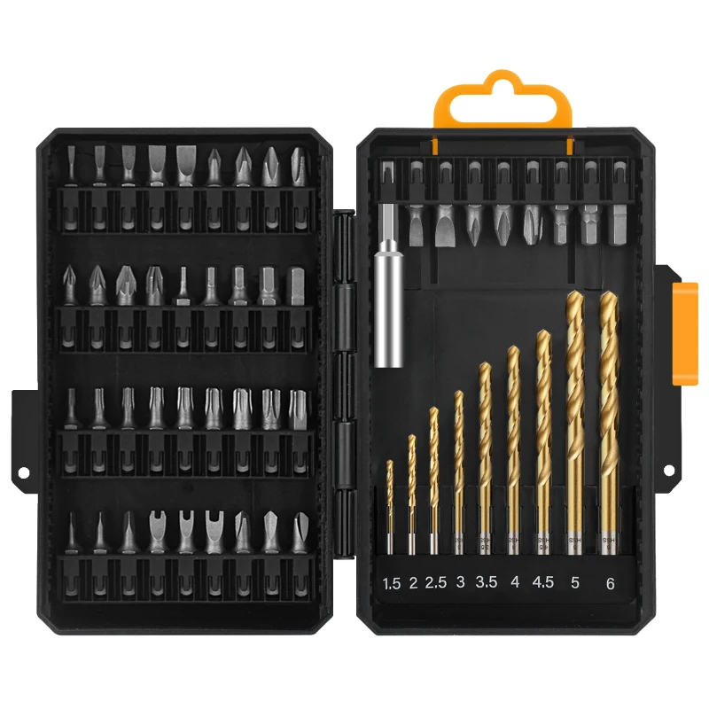54pc 1/4 inch Hex Shank S2 Screwdriver & HSS Titanium Drill Bit Set. Tamper Proof Security Bits & Holder in a Box. OEM ODM Ready