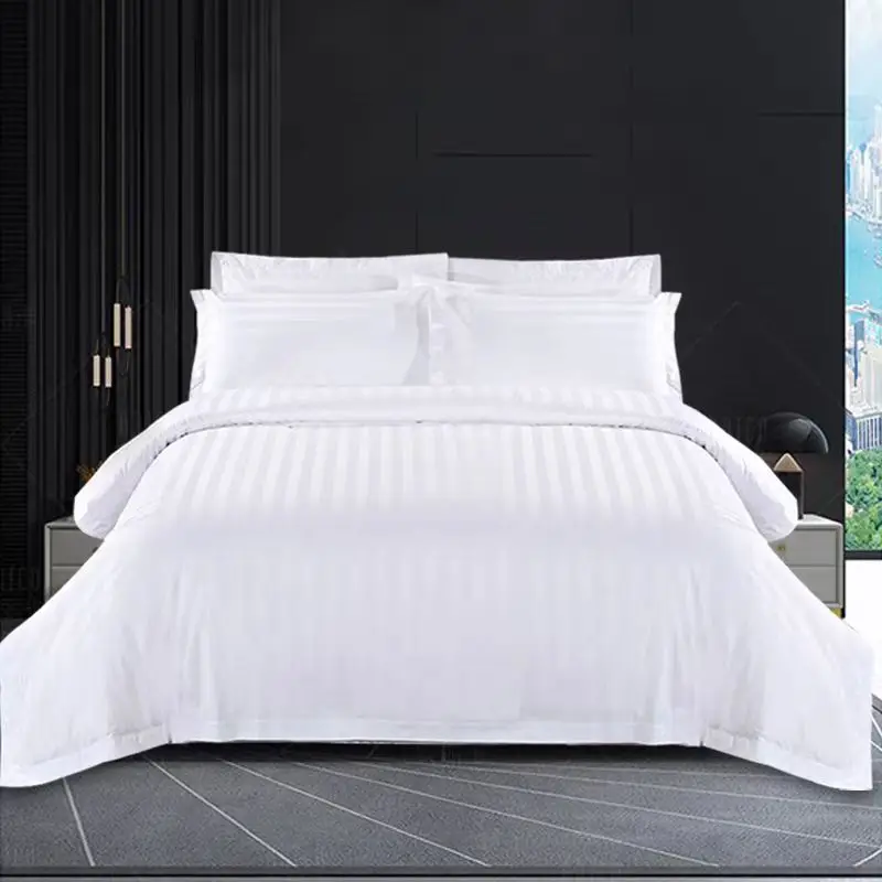 Customized hotel bedsheet linen white cotton satin stripe 300TC bed sheet bedding set for hotel