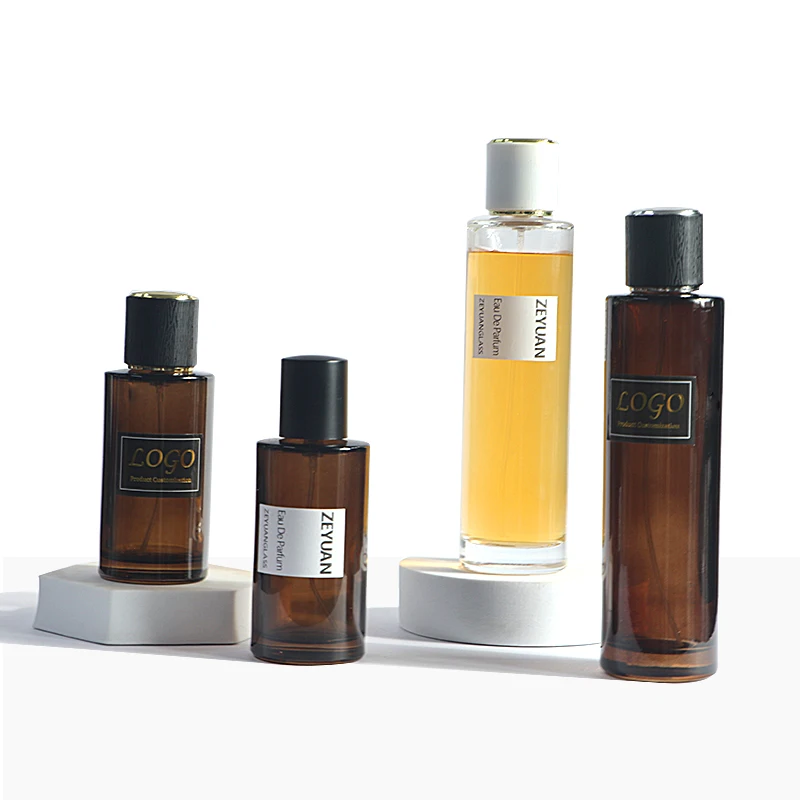 50ml 100ml amber clear empty  Luxury tall round Perfume Glass Bottle crimp sprayer with High round  lid