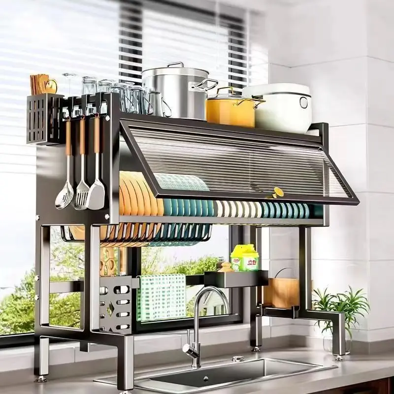 Luxury Metal Dish Drying Rack Door Functional Sink Storage Bowl Cup Plate Dish Drainer Shelf Kitchen Use with High Quality PC