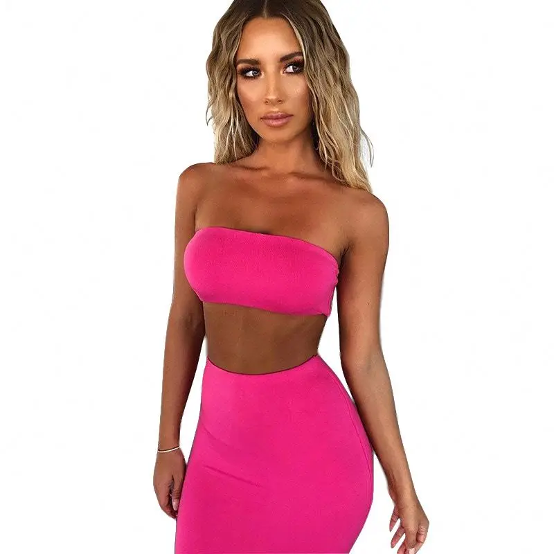 
Women Sexy Tube Top Two Pieces Knitted Ruched Bodycon Clubwear Mini Neon Green Dress 