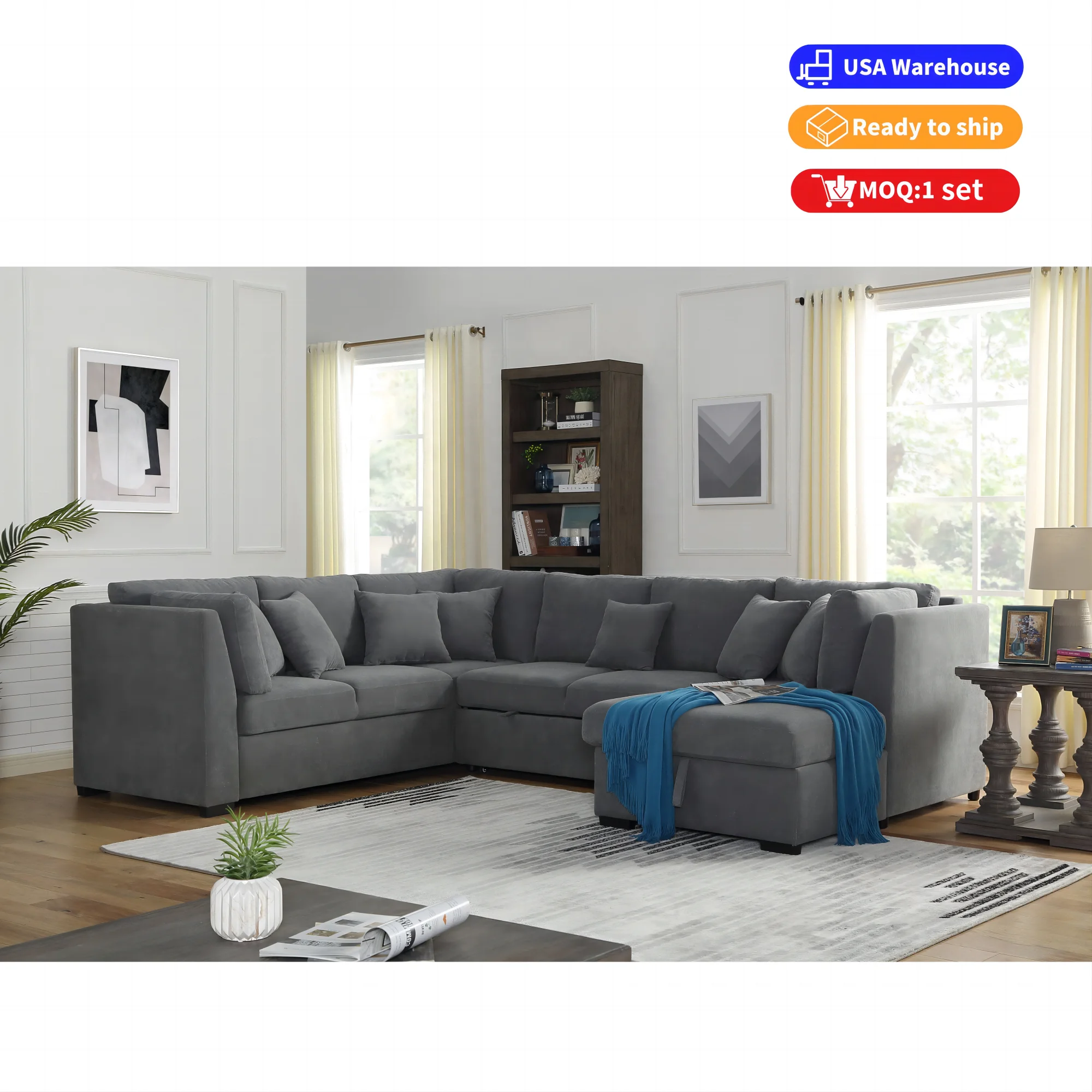 US warehouse 9 seater Living room sofa Modern U shaped sofa sectional corner sofa bed with storage in Right chaise